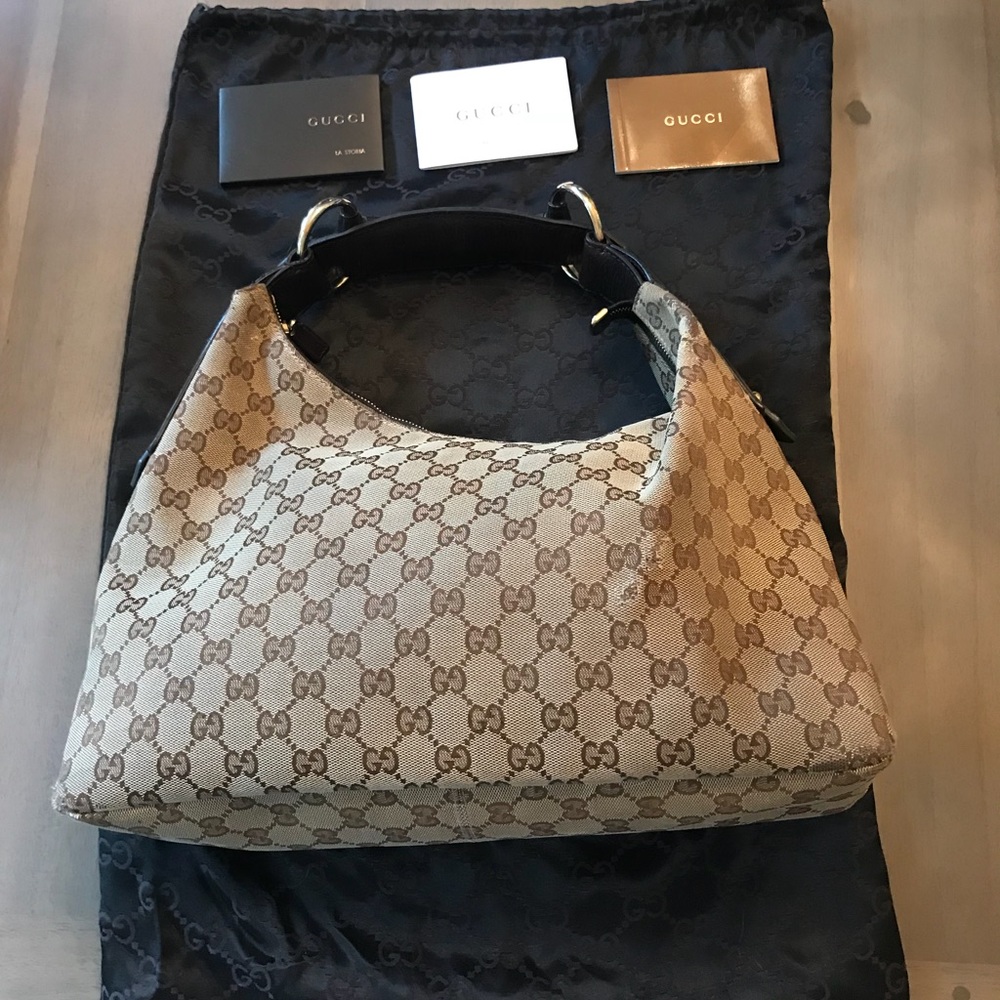 Gucci Beige “GG" Canvas Horsebit Hobo Bag
